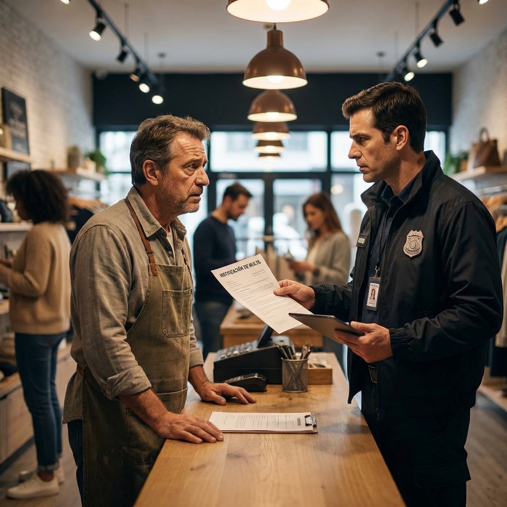 Comerciante recibiendo notificación de multa de INDECOPI